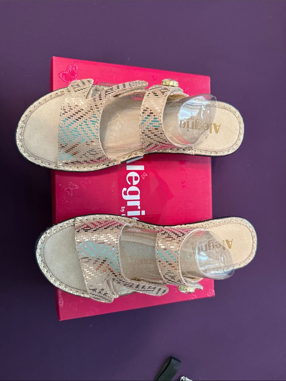 Alegria Gold Metallic Double-Strap Slide Sandals